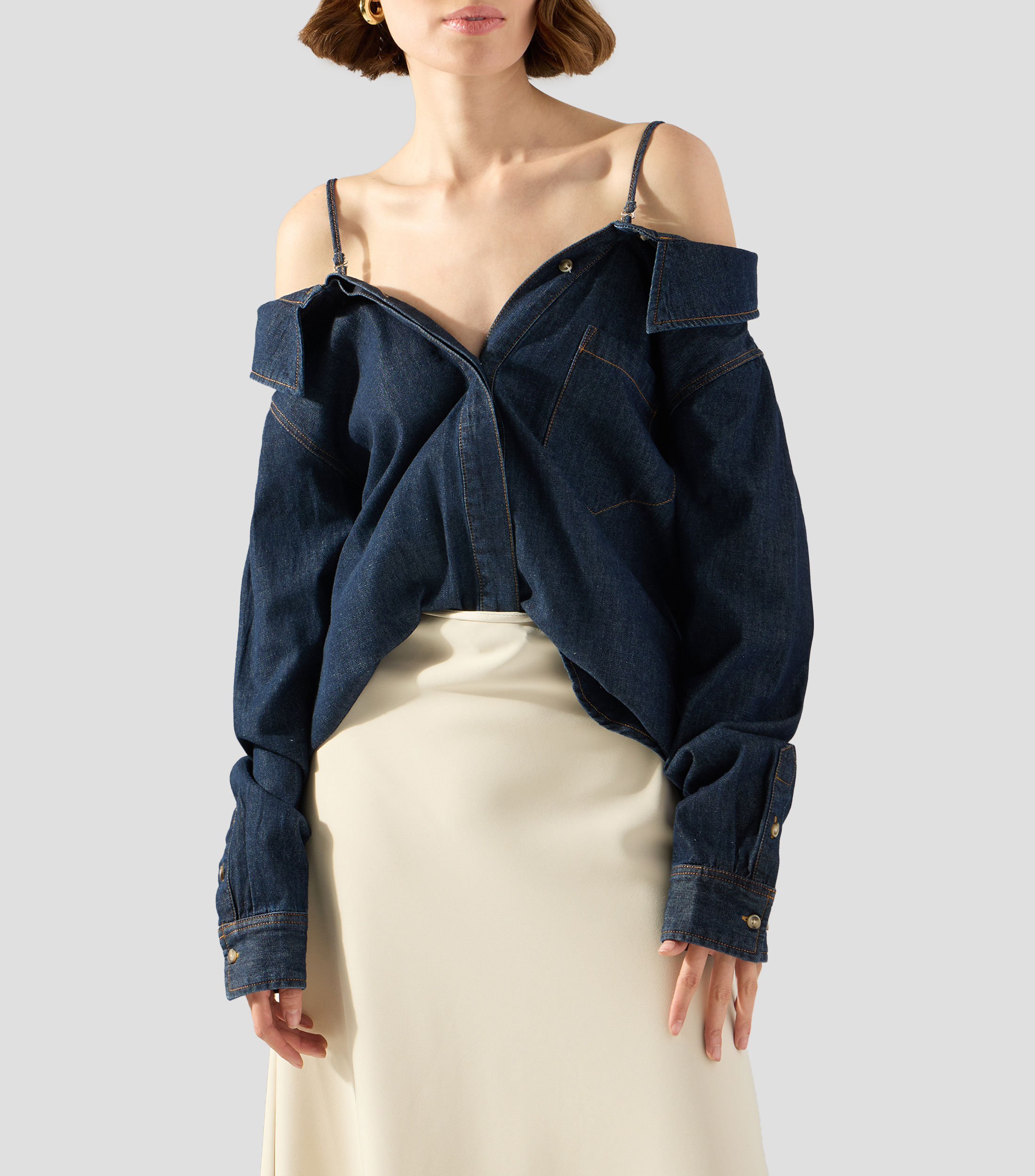 Camisa lisa en mezclilla con manga larga Mujer